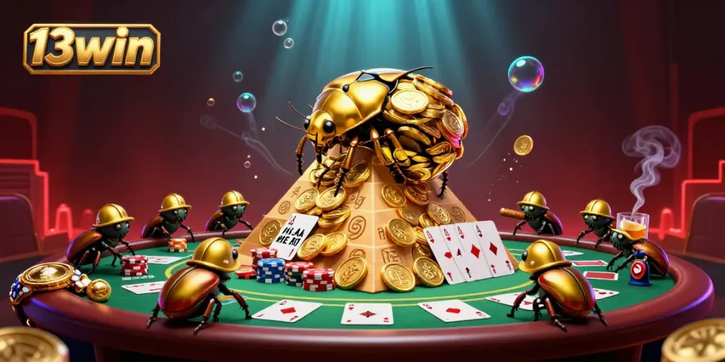 Engage with 13win's vibrant casino scene featuring a golden beetle rolling coins and poker elements.