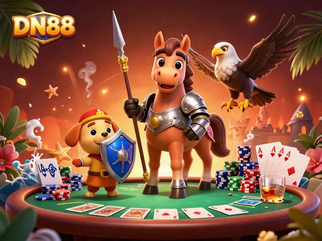 Engage with DN88's lively casino scene featuring a knight, squire, and falcon amidst poker action.