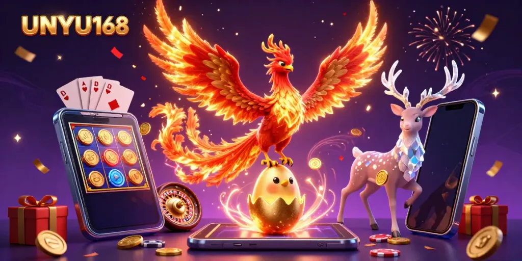 Gambaran UNYU168 yang menarik dengan phoenix dan karakter kasino, mendatang keberuntungan dalam permainan.
