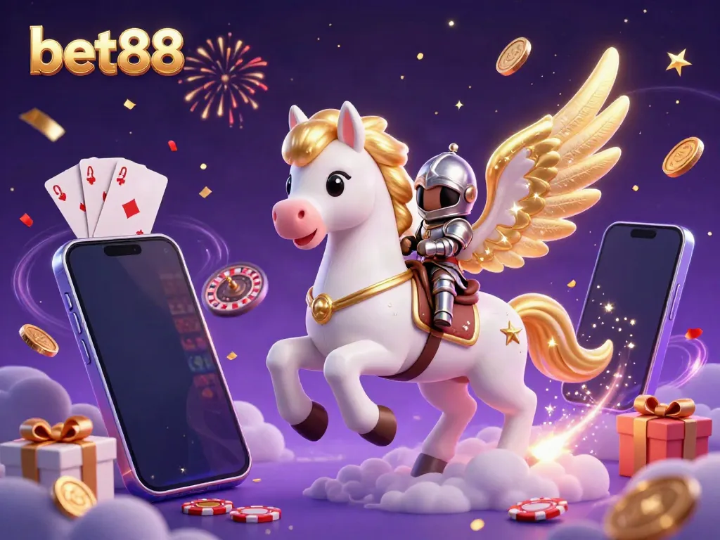 Experience the dynamic world of bet88 with a 3D illustration of a celestial horse and knight surrounded by casino games.