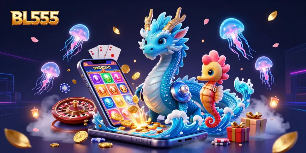 Experience thrilling gaming at BL555 with vibrant 3D illustrations showcasing exciting slot adventures.
