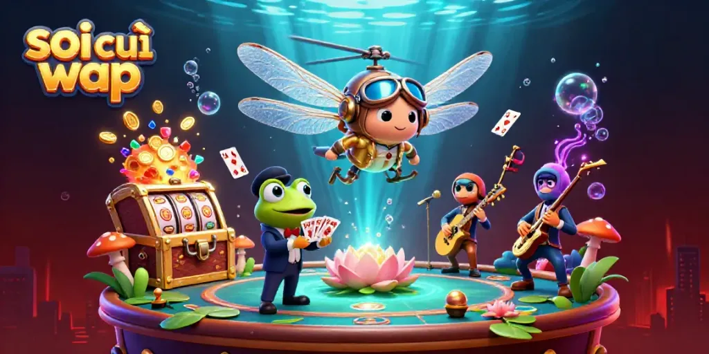 Engage with soi cầu wap as a dragonfly pilot hovers over a lily pad casino while a frog croupier deals cards.