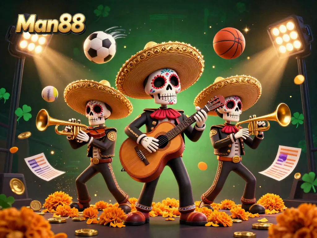 Experience the excitement of Man88 with a vibrant 3D illustration showcasing a mariachi band and dynamic sports elements.