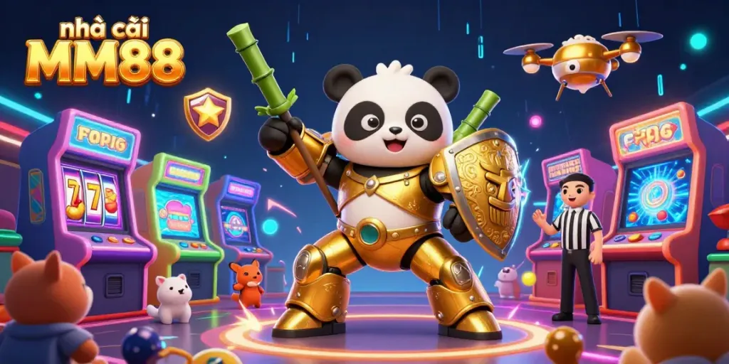 Experience the excitement at nhà cái MM88 with a vibrant 3D casino scene featuring a mech-suit panda and slot reels.