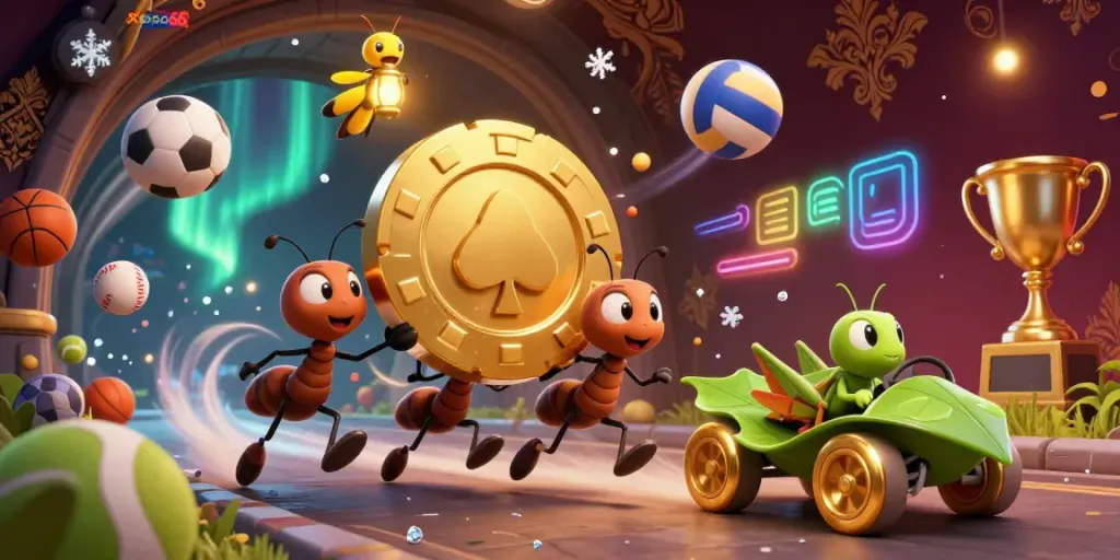 Ants carrying a giant golden poker chip in a vibrant tunnel scene, showcasing xoso66.