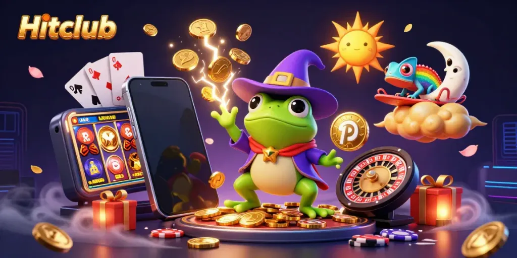 Hitclub offers an exciting experience as a cartoon wizard frog creates gold storm while a chameleon surfs a cloud.