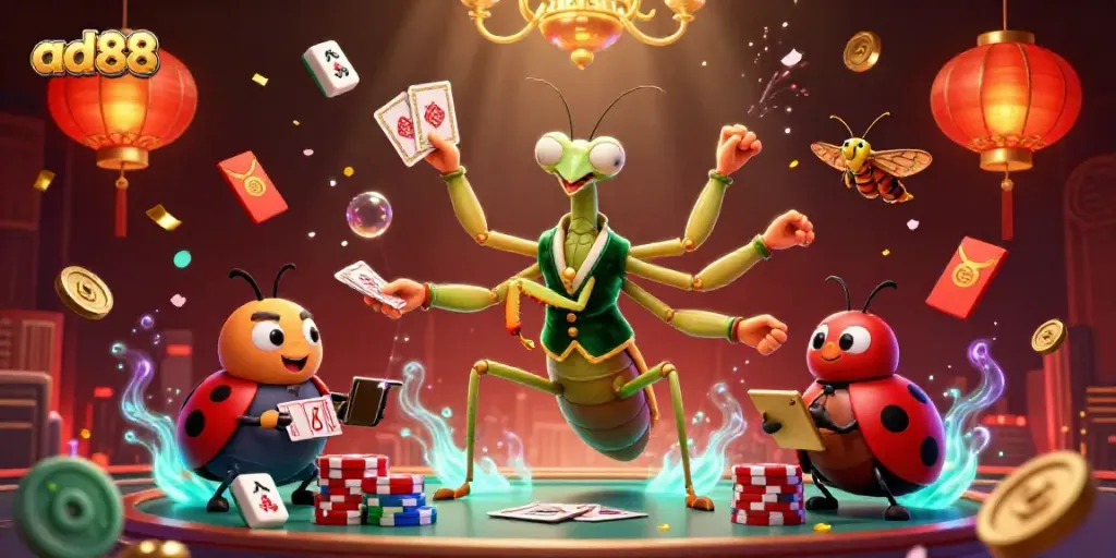 Experience the thrill of ad88 with a dynamic casino scene featuring a giant mantis and ladybug pit boss.