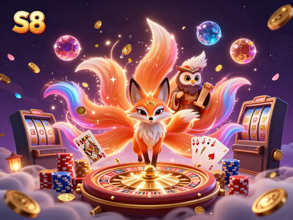 Engage with S8's vibrant gaming world featuring a glowing nine-tailed fox and casino elements.