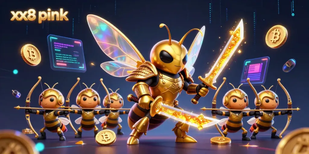 Experience gaming with xx8 pink featuring a giant golden hornet samurai and blockchain elements.