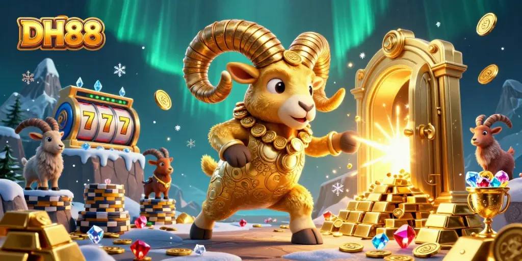 Experience the excitement of DH88 casino slots with a golden ram and a treasure vault illustration.