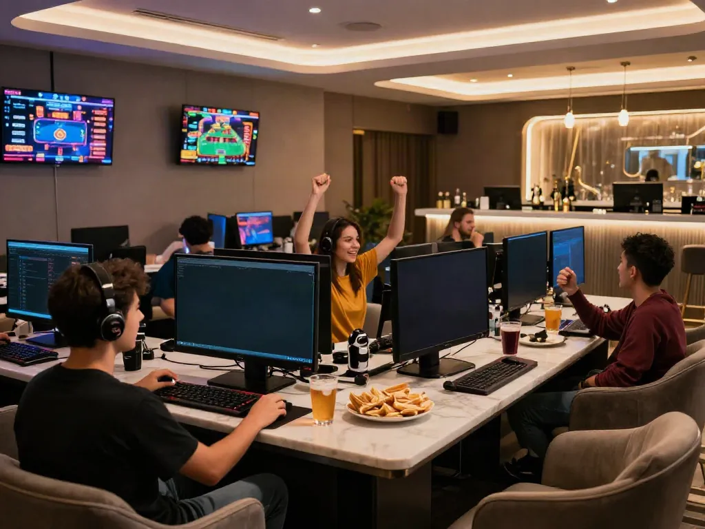 Experience the excitement of online gaming at https://h19gene.com/ in a modern lounge with diverse players celebrating wins.