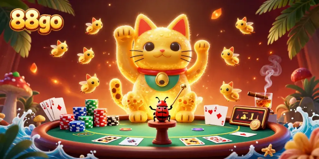 Experience the vibrant world of 88go featuring a lucky cat and poker elements in a rich 3D illustration.