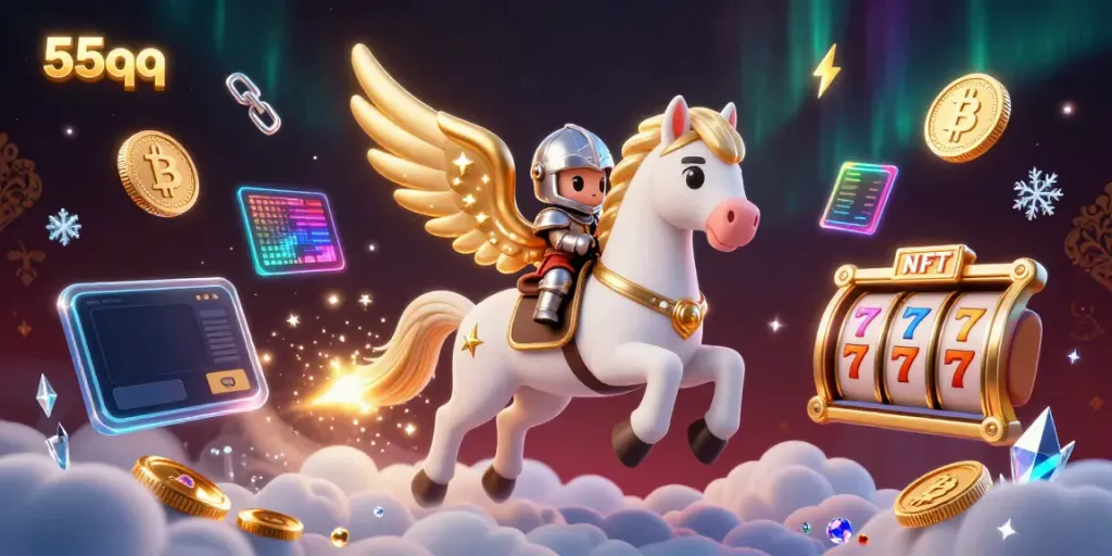 Engage with the thrilling world of 55qq, where a celestial horse and knight explore a vibrant jackpot environment.