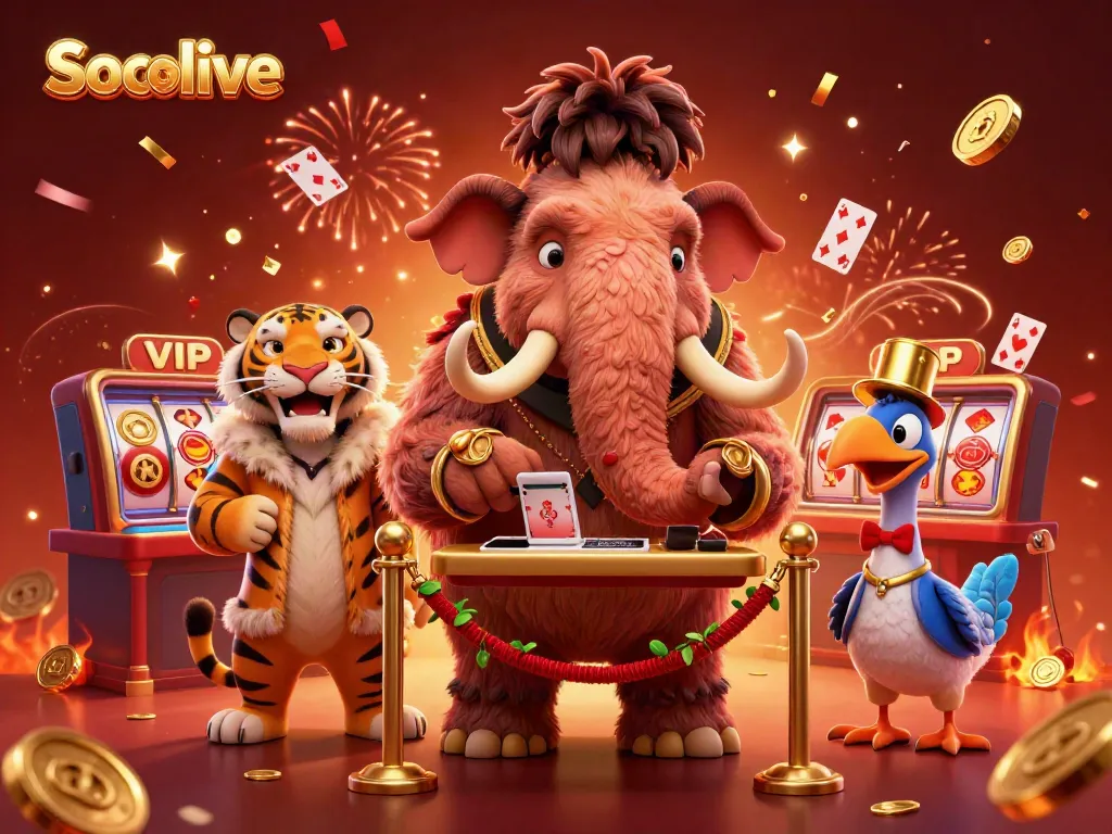 Socolive elegantly showcases a woolly mammoth casino bouncer and saber-tooth tiger guest amidst vibrant casino elements.