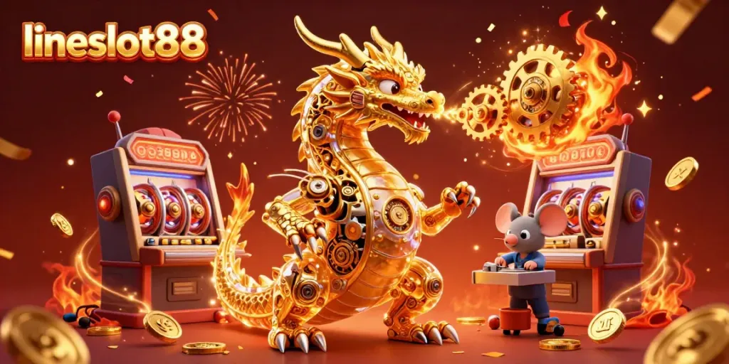 Experience winning moments with lineslot88, featuring a golden dragon surrounded by slot machines and golden coins.
