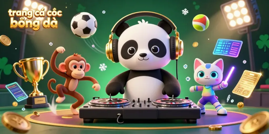 Catching the excitement of trang cá cược bóng đá with a DJ panda and dynamic sports elements, illustrating vibrant betting energy.