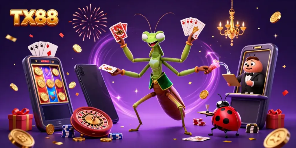 Experience thrilling gaming action at TX88 with a lively 3D casino scene featuring a giant mantis and colorful game elements.