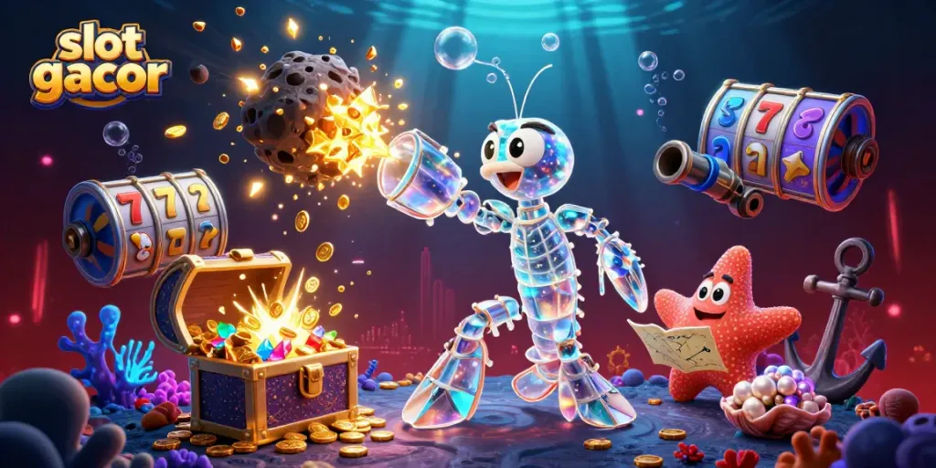 Engage with thrilling slot gacor action featuring the champion mantis shrimp amidst explosions of gems and coins.