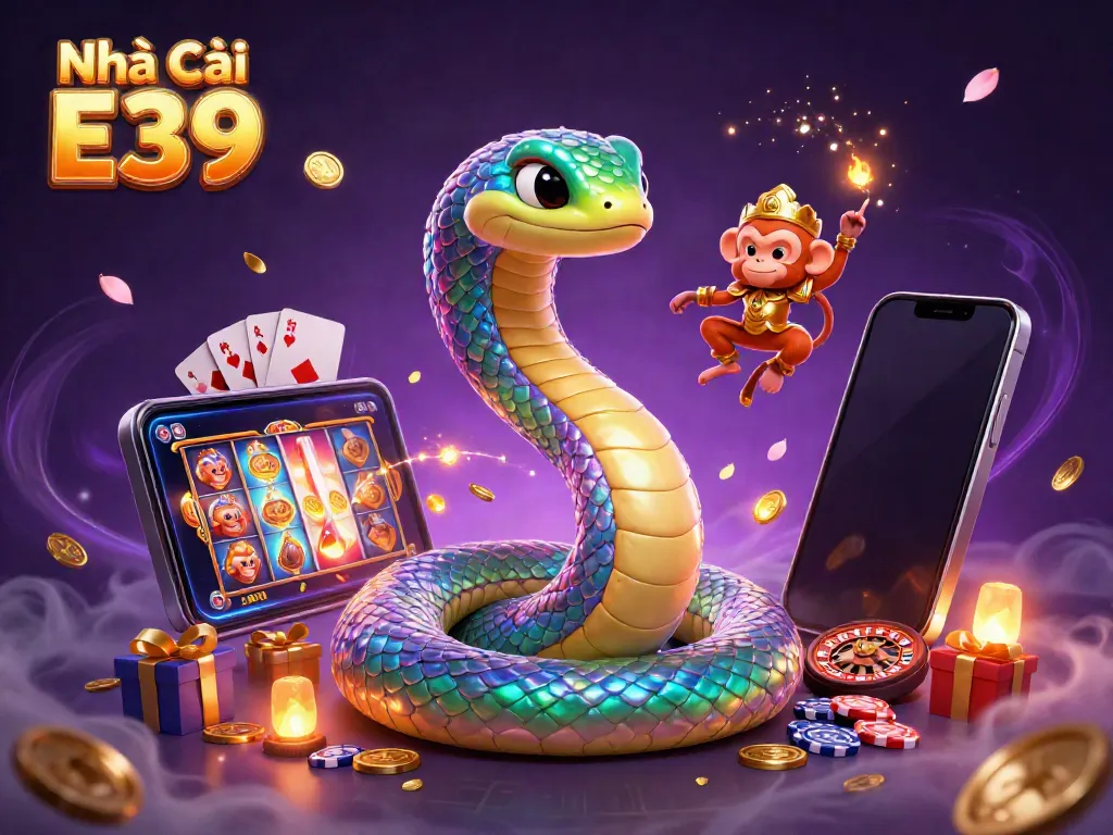 Engage with the vibrant world of Nhà Cái E39, showcasing a colorful scene of casino excitement with game elements and characters.