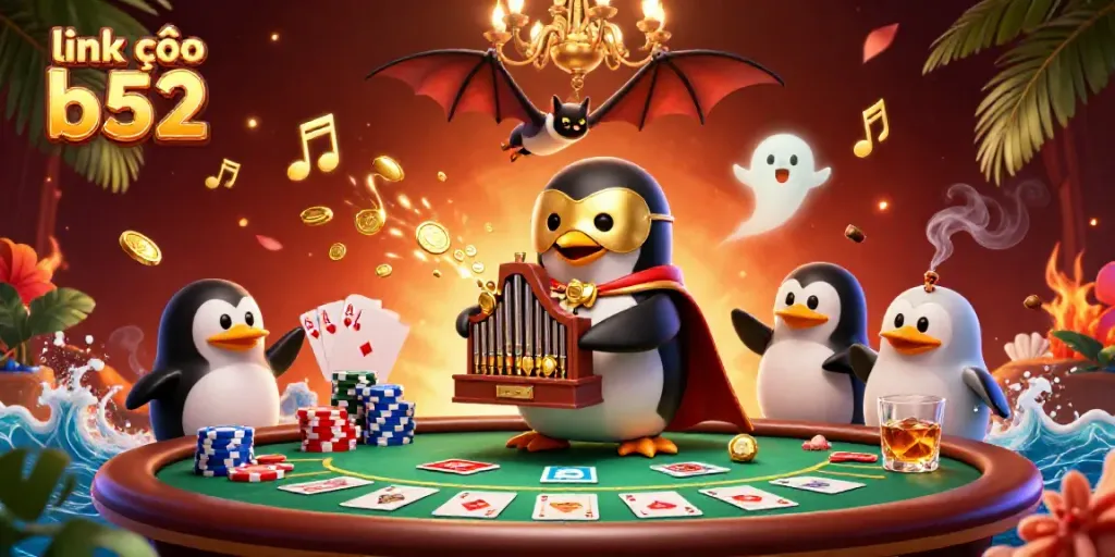 Experience vibrant casino gaming with link vào b52, featuring a playful penguin organist amidst rich gambling elements.