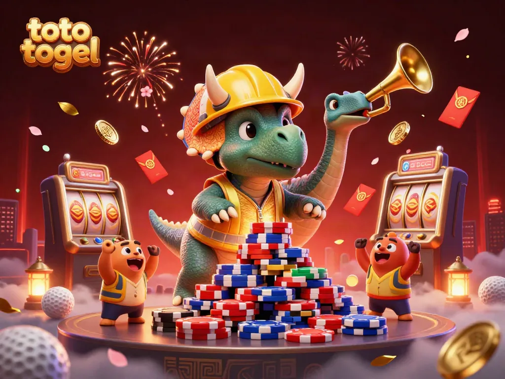 Triceratops dan Parasaurolophus merayakan toto togel dengan chip poker dan elemen kasino lainnya.