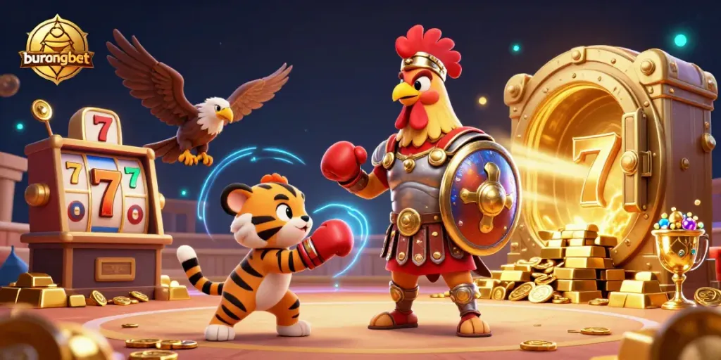 Slot permainan burungbet dengan ayam jantan berarmor dan simbol keberuntungan mengumpulkan kekayaan.