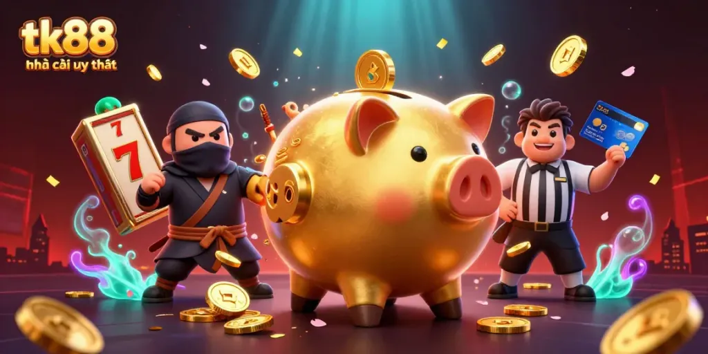 Engaging 3D illustration showcasing the tk88 nhà cái uy tín with dynamic characters, coins raining, and vibrant casino elements.