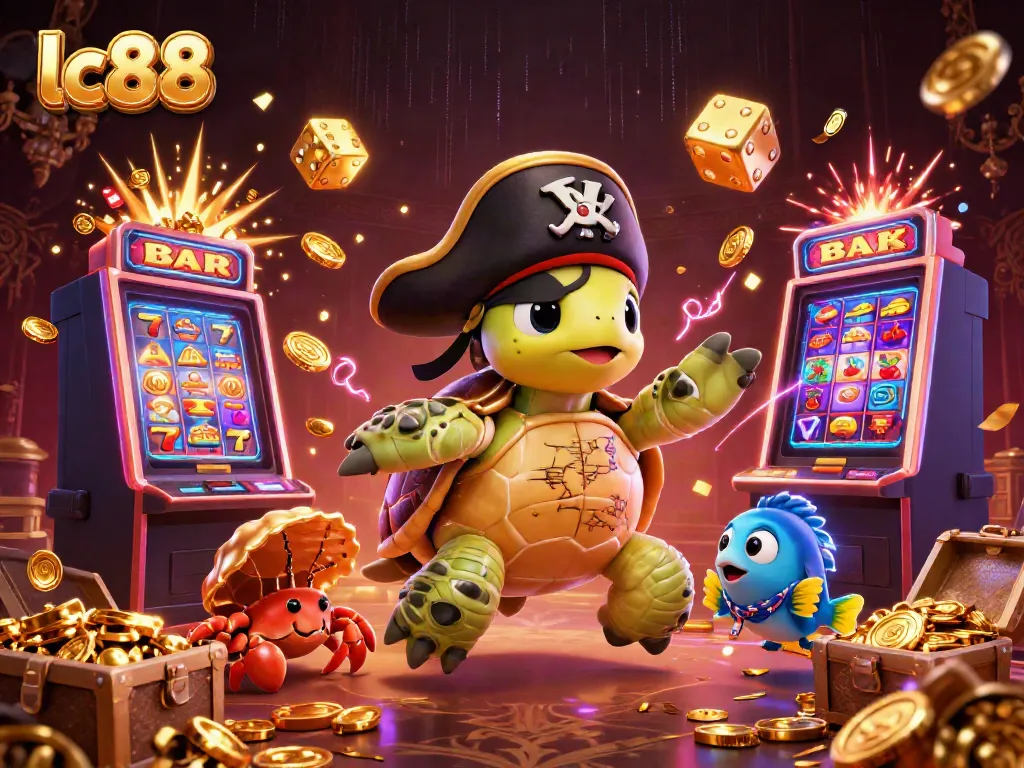 Spin the jackpot at lc88 with a vibrant scene of a pirate turtle and friends amidst slot machine excitement!