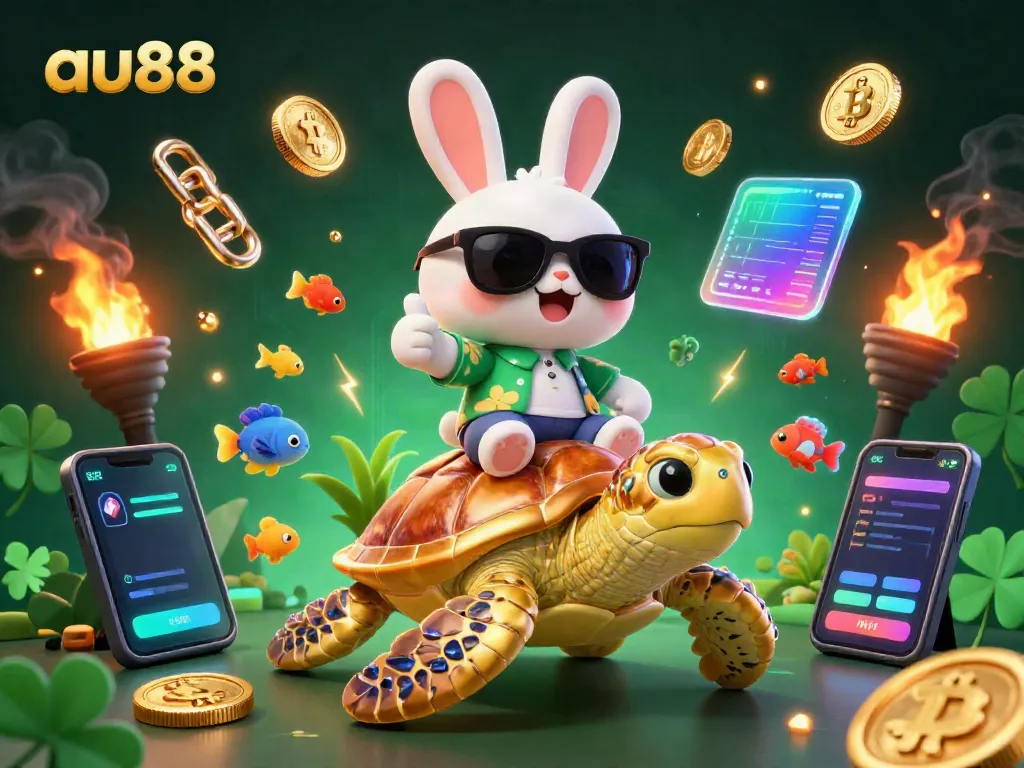 Engage in winning strategies at au88 featuring a lucky rabbit and a golden turtle in a dynamic casino setting.