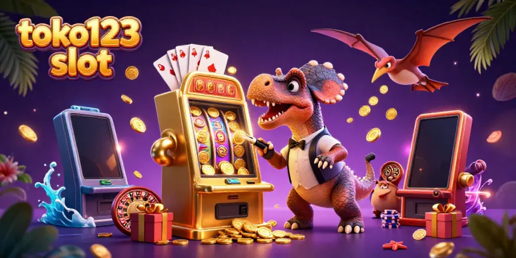 Experience thrills with toko123 slot as a dinosaur hits a slot machine, coins fly everywhere!