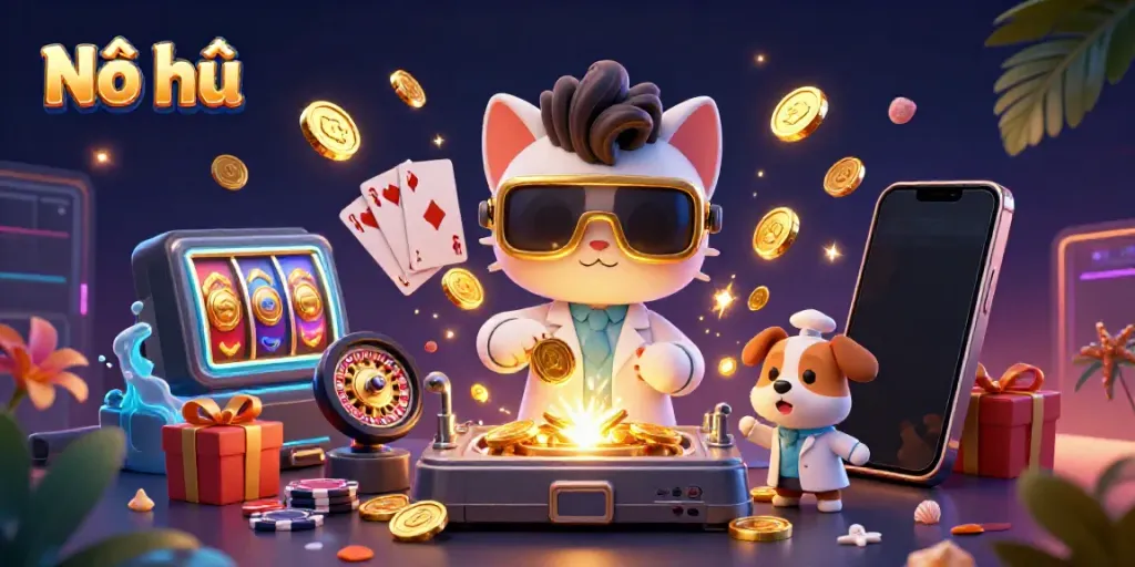Nổ hũ theme illustration showcasing a 3D cartoon scientist cat and dog amidst vibrant casino elements
