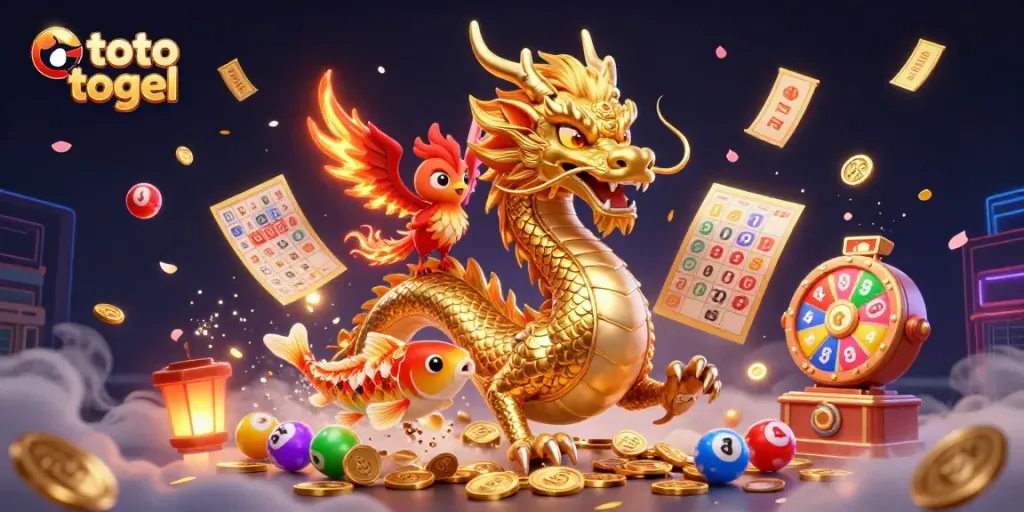 Menangkan toto togel dengan ilustrasi naga emas dan burung phoenix berapi yang menarik perhatian.