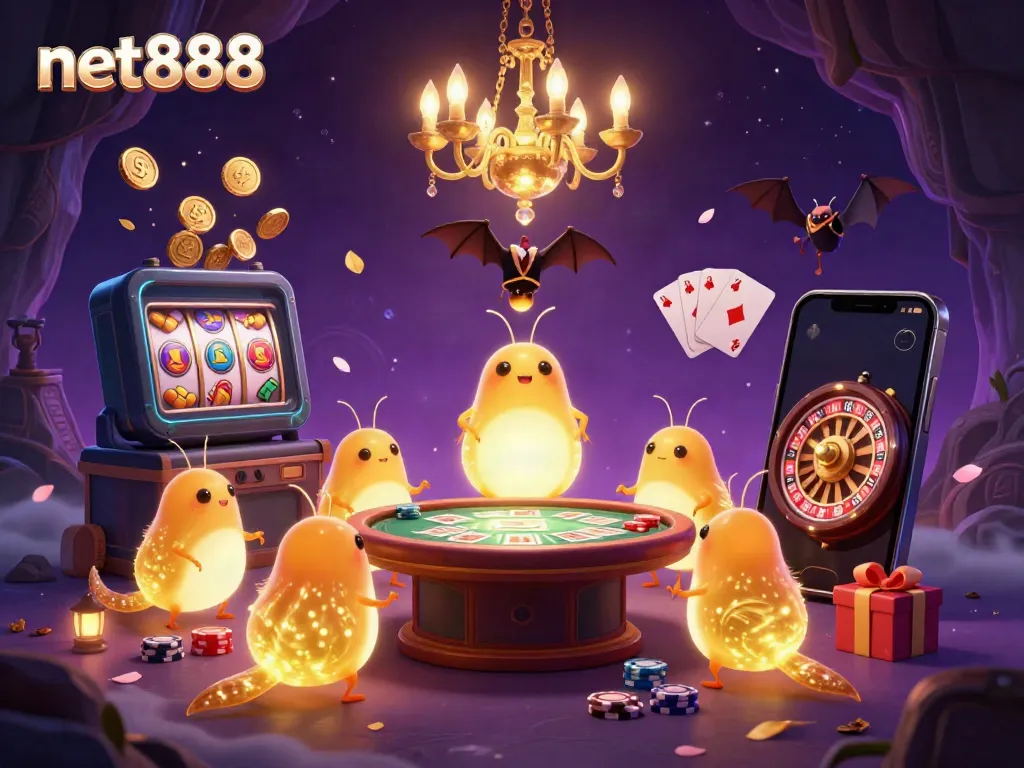 Experience the excitement of net888 with a glowing team of animated creatures illuminating a vibrant casino scene filled with games and treasures.