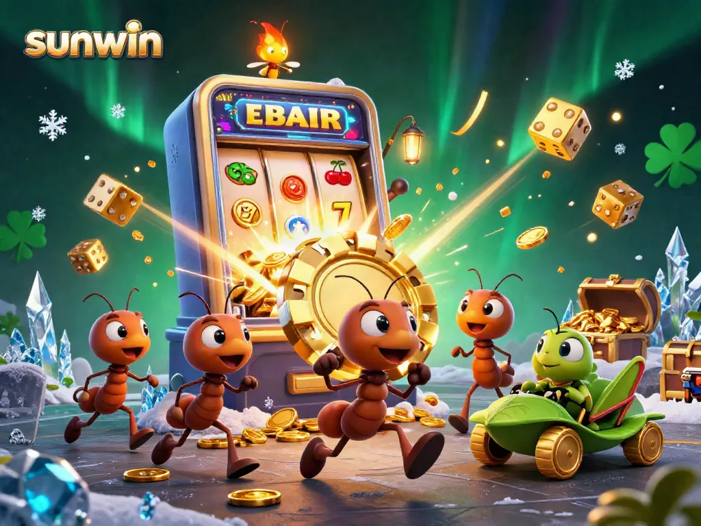sunwin showcases an adventurous heist with animated ants carrying a poker chip through a vibrant casino scene