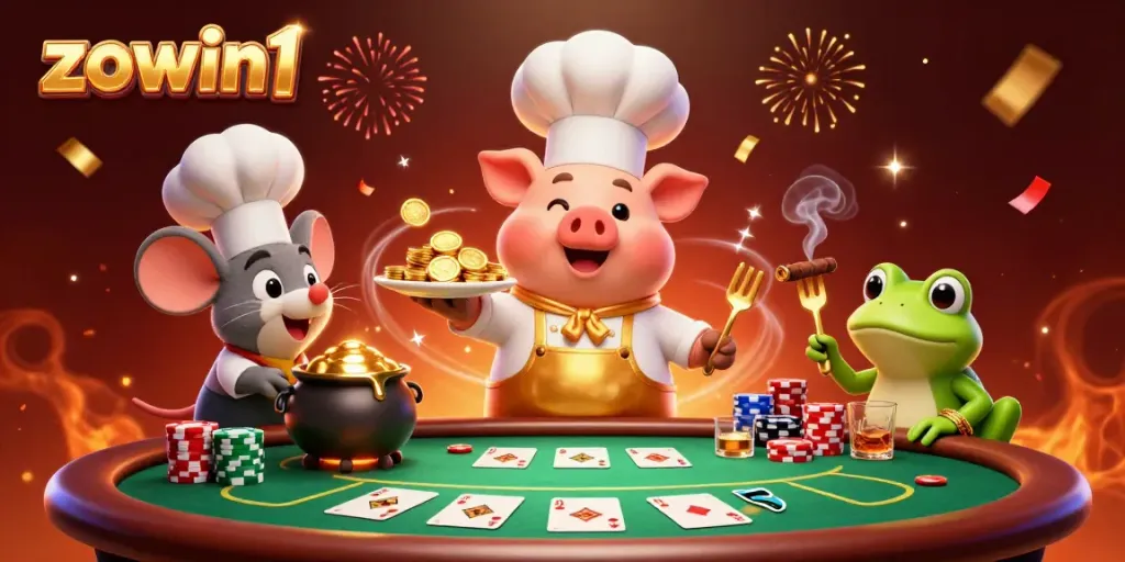 Zowin1 offers a vibrant casino experience with a chef pig, sous-chef mouse, and critic frog amidst gold coins and poker elements.