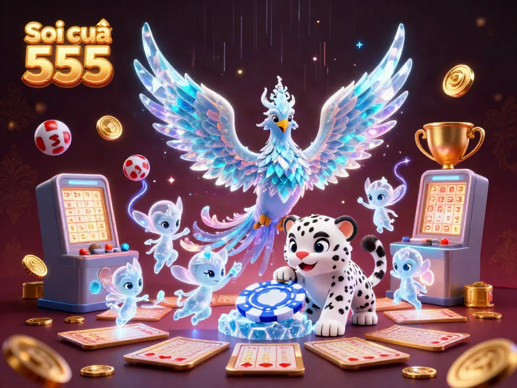 Engage with Soi cầu 555 as an enchanting ice phoenix and snow leopard cub explore lottery magic.
