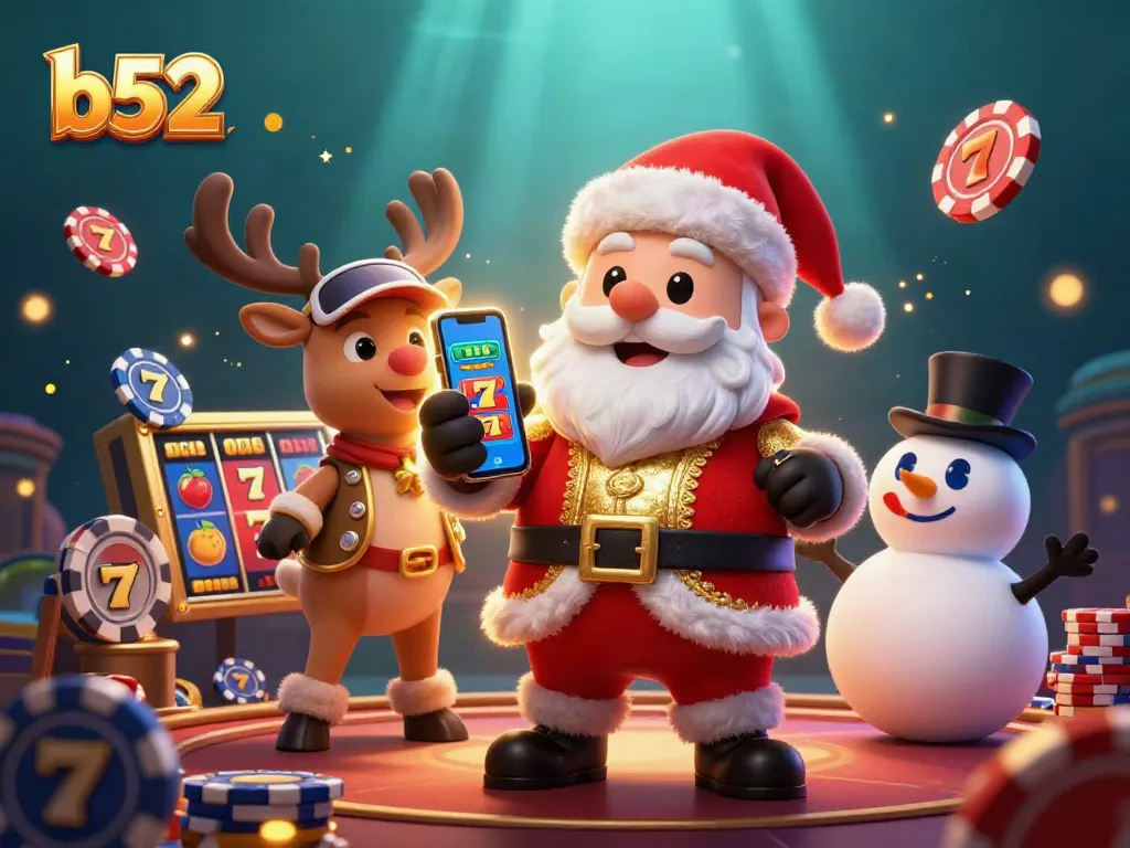 Win big with b52 slots featuring Santa, a reindeer dealer, and a poker chip snowman!