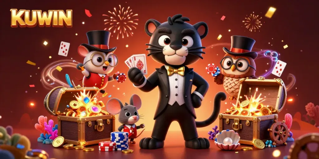 KUWIN showcases a black panther dealing cards in a lively casino scene with coins and gems around.
