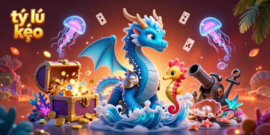 Bet on tỷ lệ kèo with a vibrant underwater scene featuring mythical creatures and treasures.