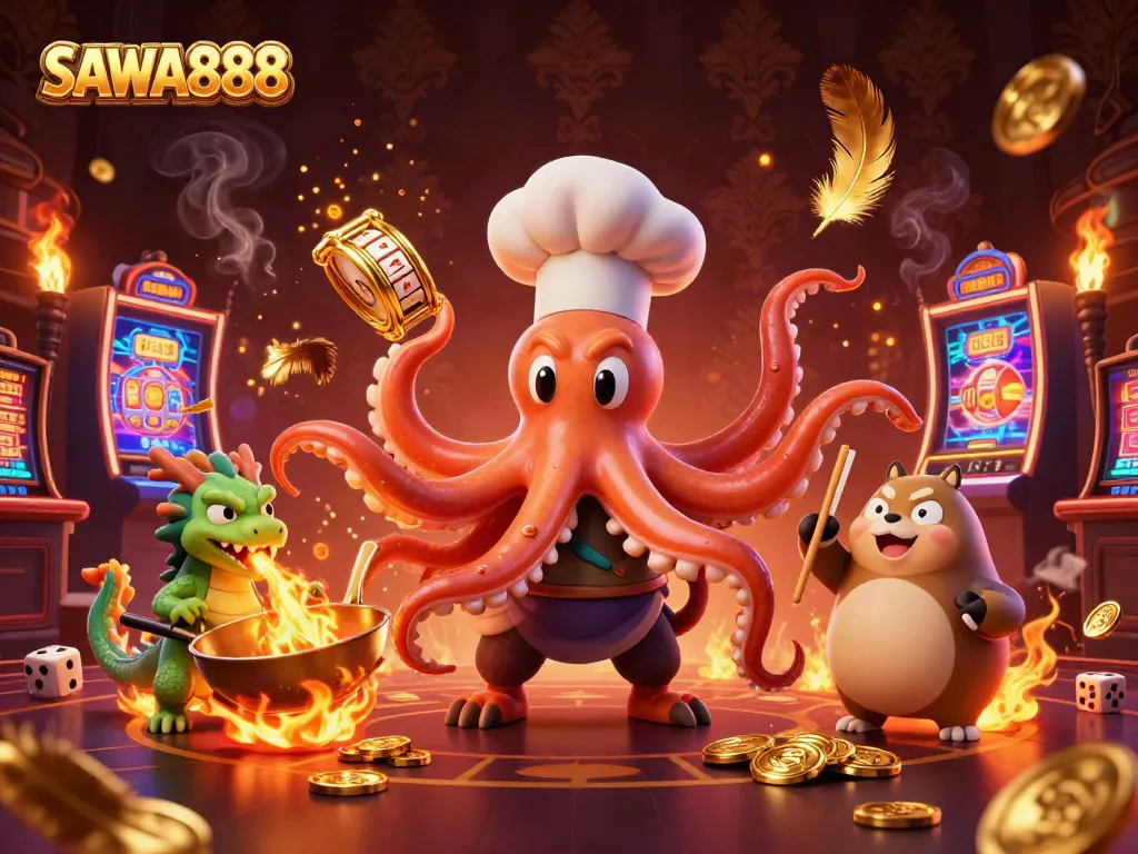 Join SAWA888's thrilling scene with colorful slot reels, animated characters, and casino elements bursting with excitement.