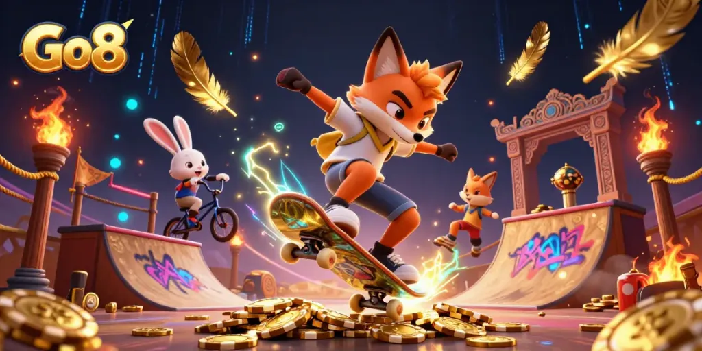 Go8 casino scene shows a skateboarder fox kickflipping over poker chips, highlighting vibrant gambling energy.