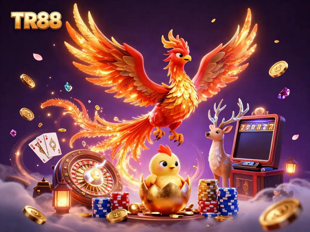 Experience TR88 with vibrant 3D phoenix and casino elements, showcasing excitement and rewards.
