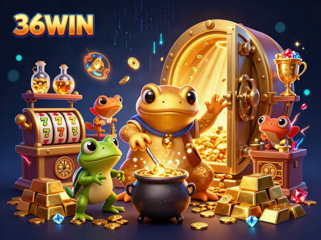 Experience thrilling moments at 36WIN with a captivating 3D scene of alchemical fortune-making in a casino.