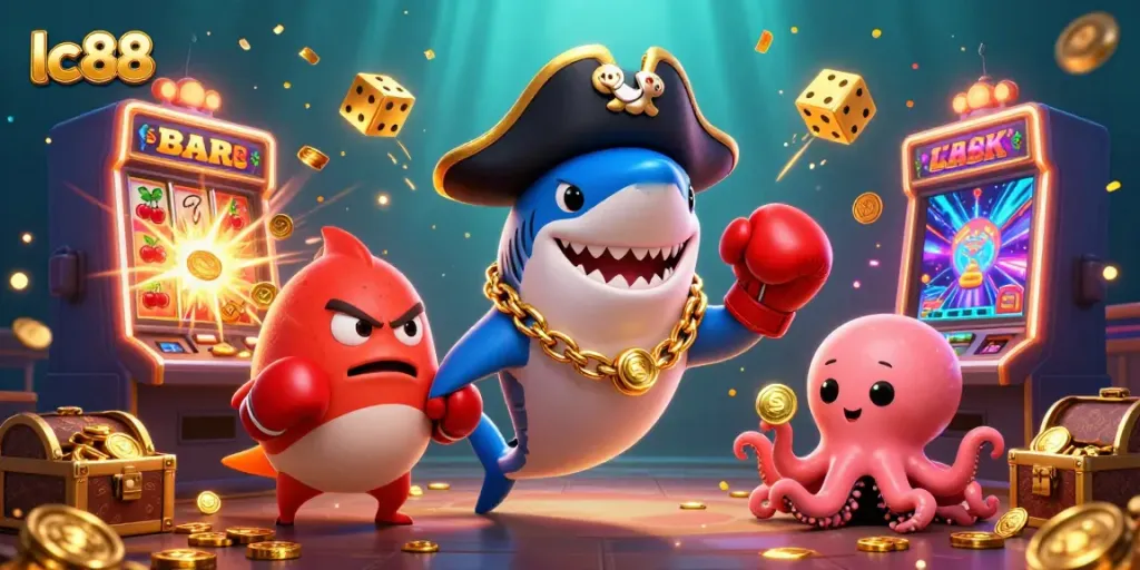 Engage in thrilling jackpots with lc88 in an underwater casino scene featuring a shark, pufferfish, and octopus.