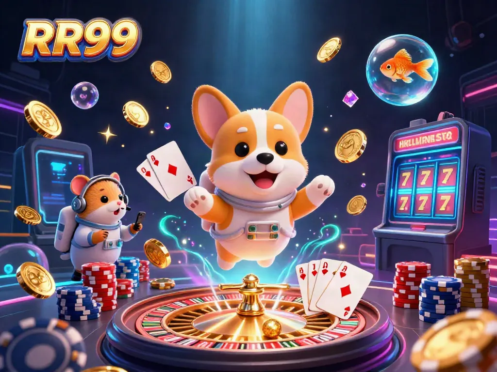 Experience the thrilling adventures at RR99 Casino with a floating astronaut corgi and vibrant casino elements.