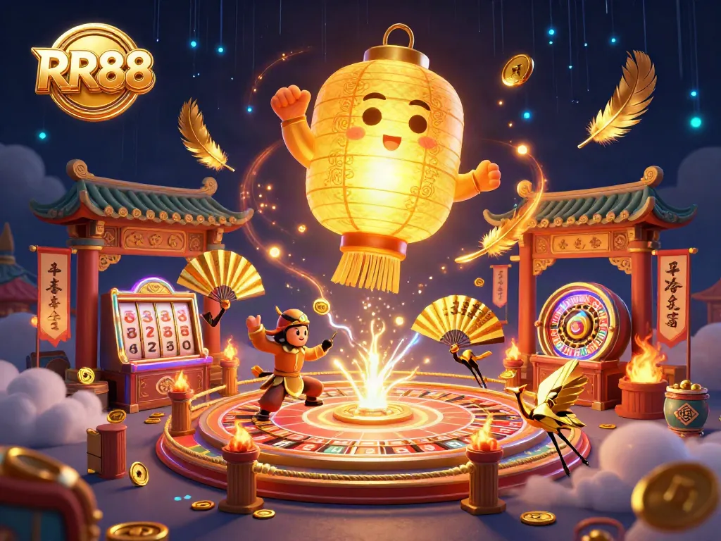 Engage in winning excitement at RR88's vibrant night market casino featuring dynamic games and golden elements.