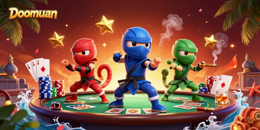Experience exciting poker dynamics with Doomuan and vibrant chameleon ninjas in this action-packed scene.