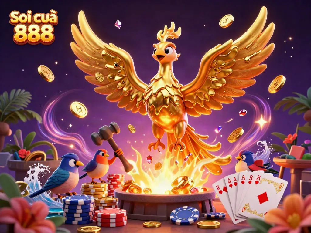 Engage with Soi cầu 888's thrilling gold and gem-rich 3D illustration featuring a phoenix and casino elements.