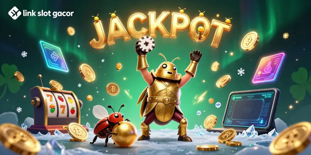 Mengangkat chip poker dengan pose kemenangan, link slot gacor menghadirkan pengalaman slot yang mendebarkan.
