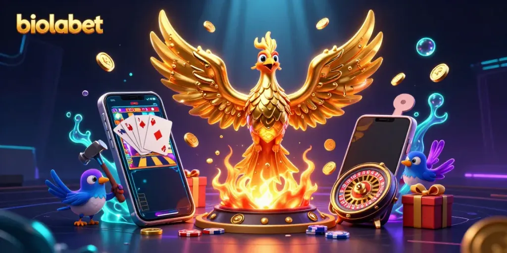 Experience the excitement of biolabet with a 3D illustration of gaming featuring a golden phoenix, coins, and vibrant games.